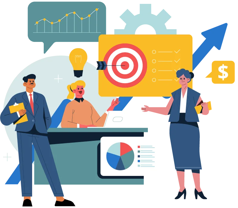 Illustration of a team moving an enterprise into the digital era